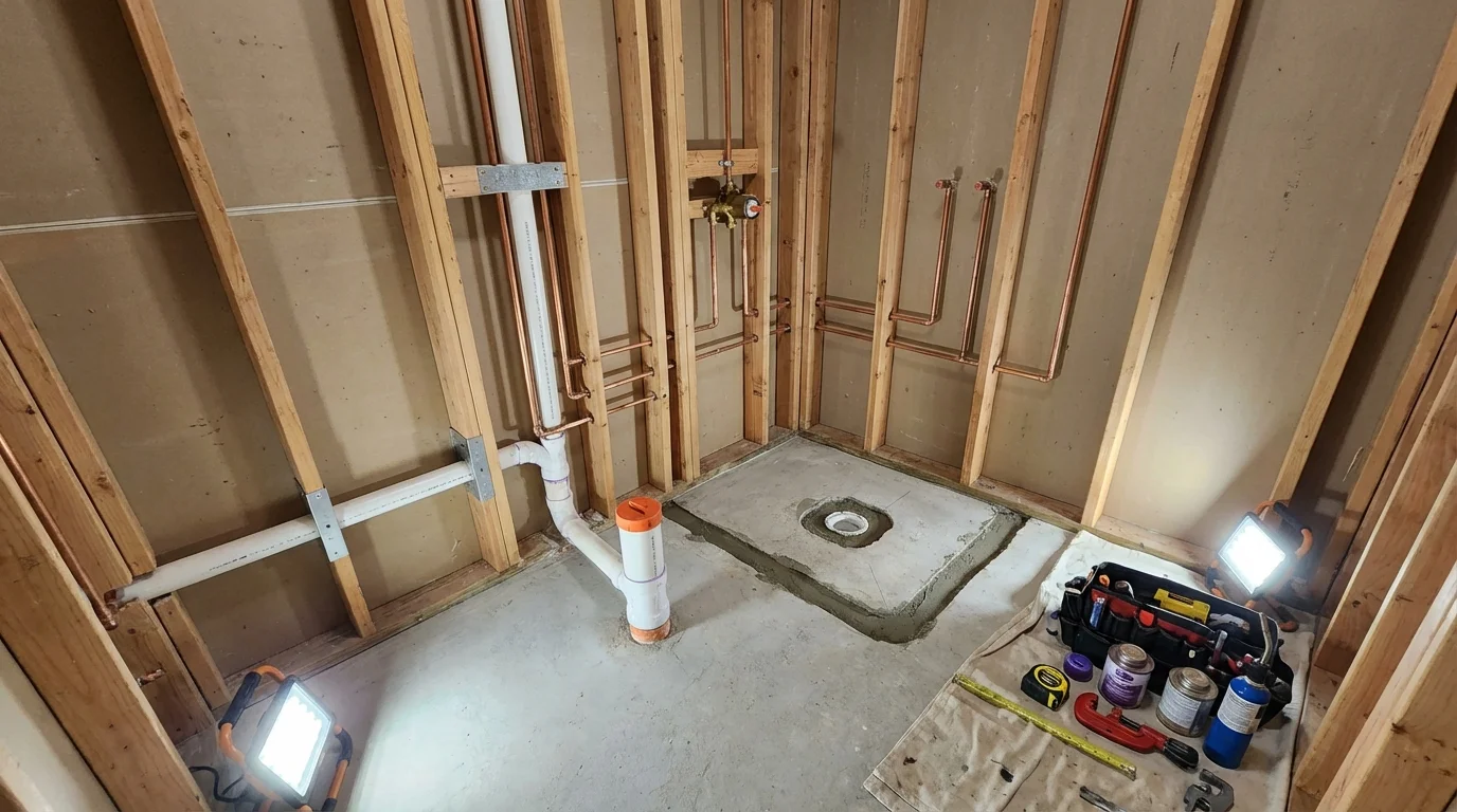 Bathroom rough-in plumbing during remodel by Johns Plumbing LLC in Ivins