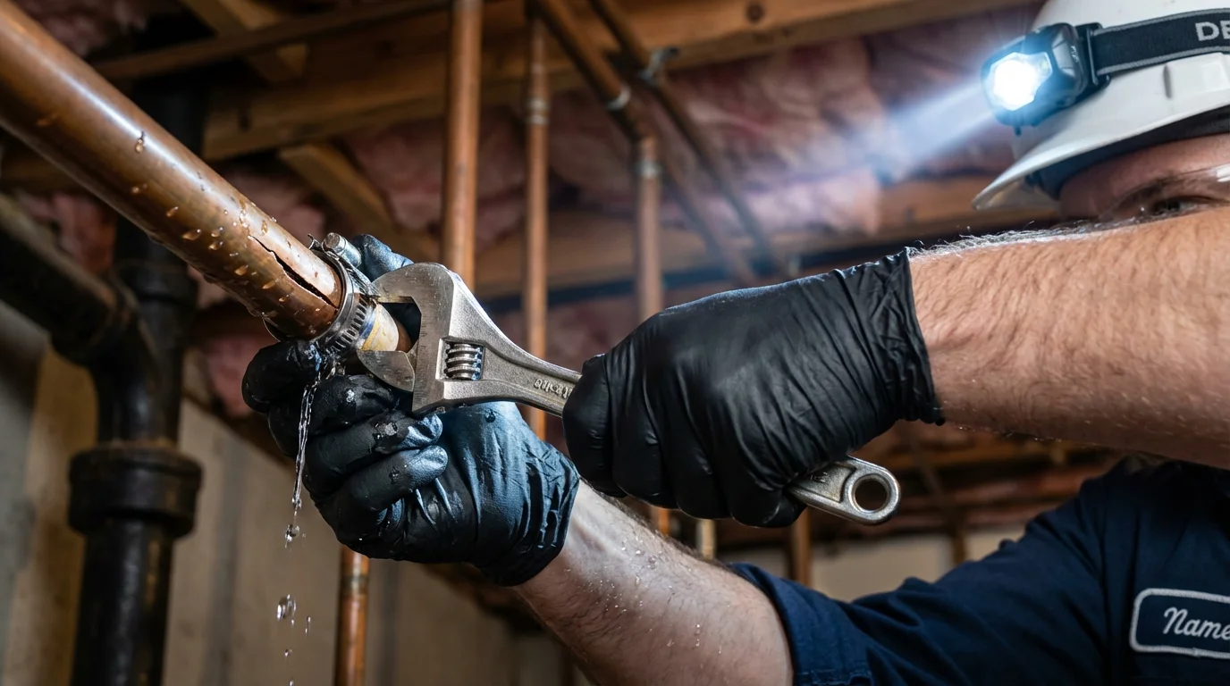 Emergency pipe clamp repair being performed by a Johns Plumbing LLC plumber in Ivins