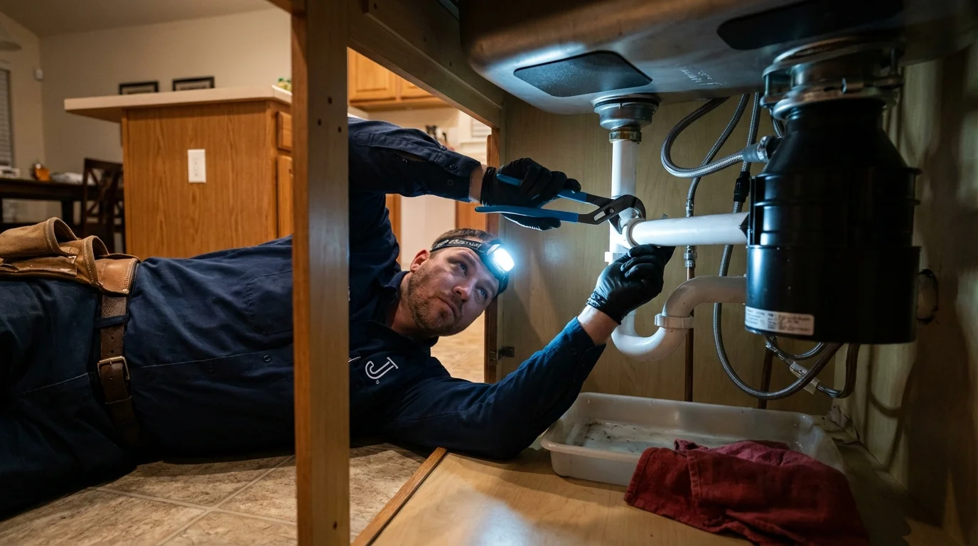 P-trap and supply line connections under a kitchen sink showing a common leak point in Ivins, UT